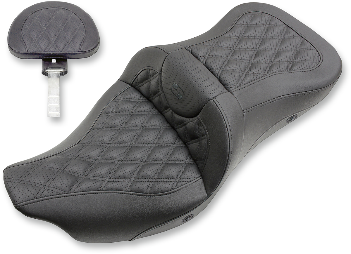 SADDLEMEN Extended Reach Roadsofa™ Seat - Lattice Stitched - Backrest - Heated - FL '08-'24 808-07B-184BRHC