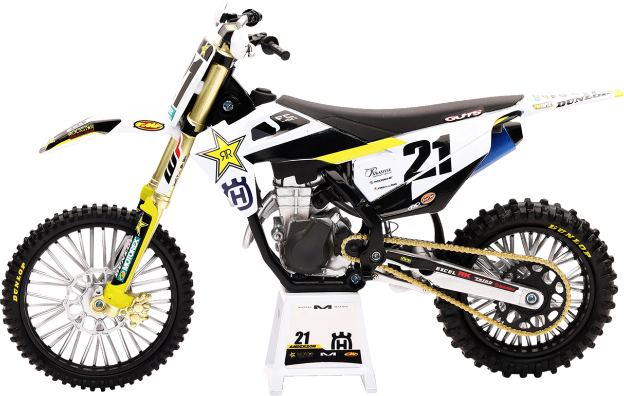 New Ray Toys Rockstar Husqvarna Team Bike 2020 - Jason Anderson - 1:12 Scale - Black/White/Yellow 58233