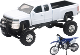 New Ray Toys Chevrolet Silverado Offroad Pick Up w/ Yamaha Dirt Bike - 1:32 Scale - White/Black/Blue SS-54416