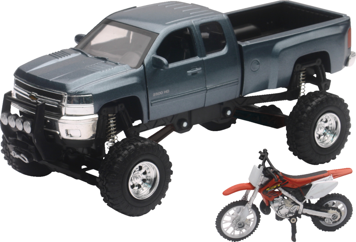 New Ray Toys Chevrolet Silverado Offroad Pick Up w/ Honda Dirt Bike - 1:32 Scale - Gray/Black/Red SS-54426