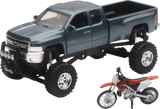 New Ray Toys Chevrolet Silverado Offroad Pick Up w/ Honda Dirt Bike - 1:32 Scale - Gray/Black/Red SS-54426