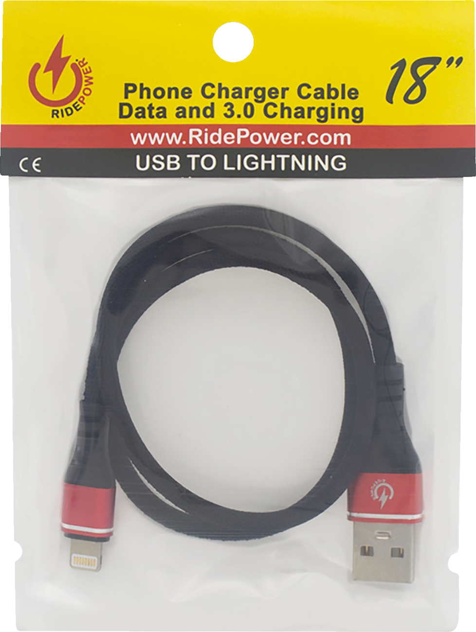 RIDEPOWER Male USB to Male Lightning Cable - Phone - Charger - 18" - Black/Red RPUSBLHT18