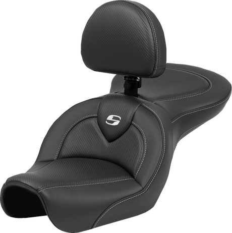 SADDLEMEN Roadsofa* Seat - Carbon Fiber - Black Stitch - with Backrest - FL '04-'05 804-04-185BR
