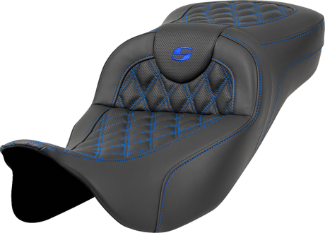 SADDLEMEN Extended Reach Roadsofa* Seat - Lattice Stitch - Blue Stitch - without Backrest - FL '08-'24 808-07B-18401