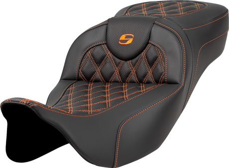 SADDLEMEN Extended Reach Roadsofa* Seat - Lattice Stitch - Orange Stitch - without Backrest - FL '08-'23 808-07B-18403