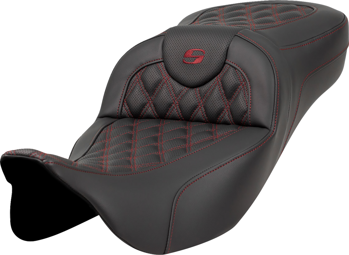 SADDLEMEN Extended Reach Roadsofa* Seat - Lattice Stitch - Burgundy Stitch - without Backrest - FL '08-'23 808-07B-18408