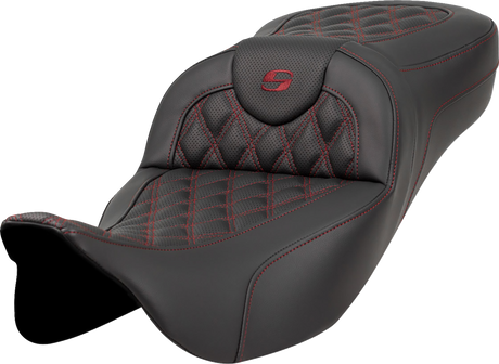 SADDLEMEN Extended Reach Roadsofa* Seat - Lattice Stitch - Burgundy Stitch - without Backrest - FL '08-'23 808-07B-18408