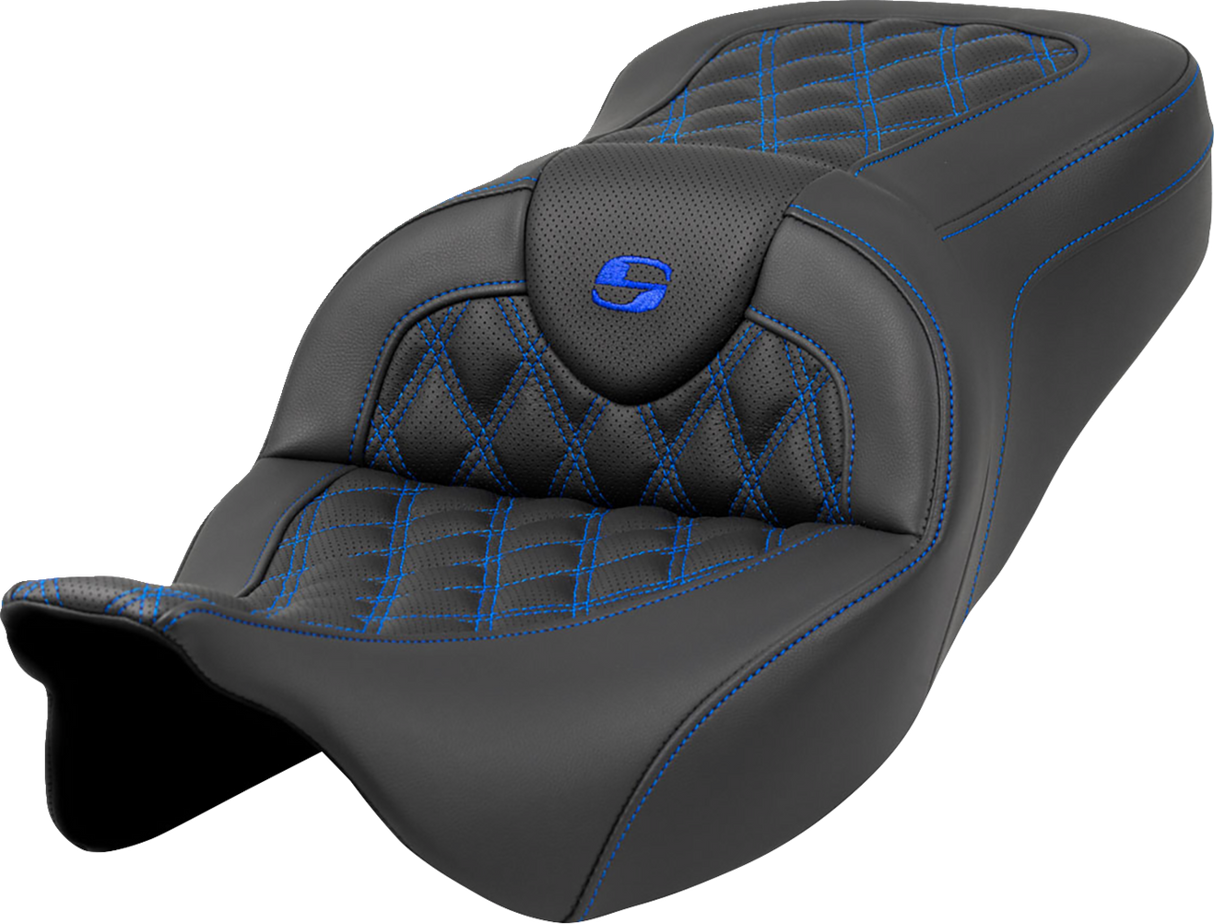 SADDLEMEN Roadsofa* Seat - Lattice Stitch - Blue Stitch - without Backrest - FLH/FLT '08-'23 808-07B-18201