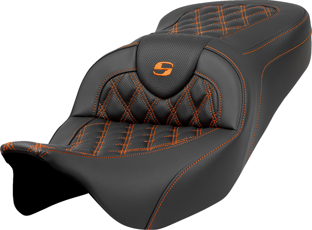 SADDLEMEN Roadsofa* Seat - Lattice Stitch - Orange Stitch - without Backrest - FLH/FLT '08-'23 808-07B-18203