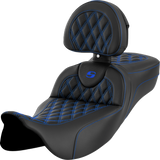 SADDLEMEN Roadsofa* Extended Reach Seat - Lattice Stitch - Blue Stitch - with Backrest - FL '08-'23 808-07B-184B1