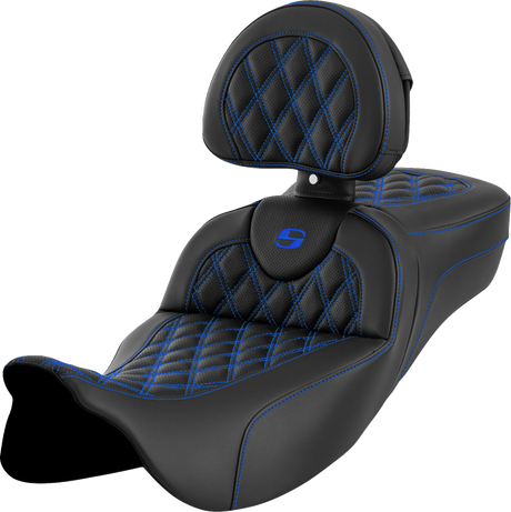 SADDLEMEN Roadsofa* Extended Reach Seat - Lattice Stitch - Blue Stitch - with Backrest - FL '08-'23 808-07B-184B1