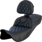 SADDLEMEN Roadsofa* Extended Reach Seat - Lattice Stitch - Blue Stitch - with Backrest - FL '08-'23 808-07B-184B1