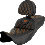 SADDLEMEN Roadsofa* Extended Reach Seat - Lattice Stitch - Orange Stitch - with Backrest - FL '08-'24 808-07B-184B3