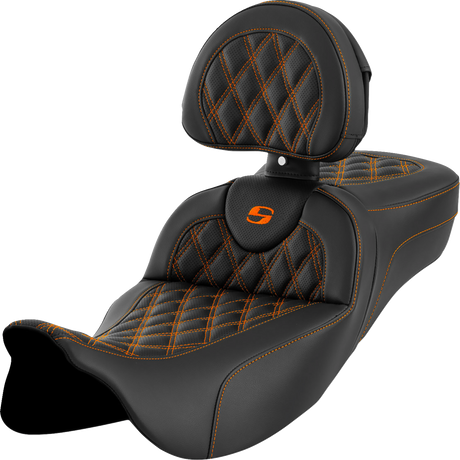 SADDLEMEN Roadsofa* Extended Reach Seat - Lattice Stitch - Orange Stitch - with Backrest - FL '08-'24 808-07B-184B3