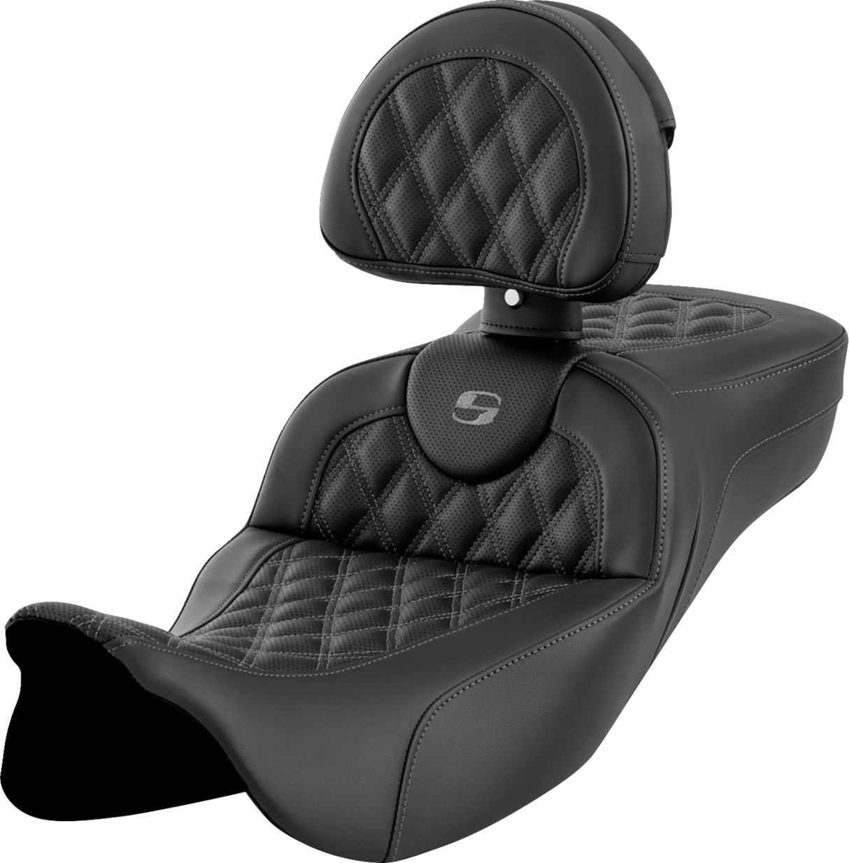 SADDLEMEN Roadsofa* Extended Reach Seat - Lattice Stitch - Dark Gray Stitch - with Backrest - FL '08-'23 808-07B-184B2