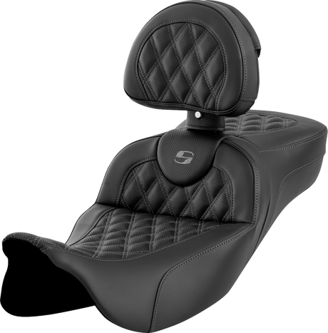 SADDLEMEN Roadsofa* Extended Reach Seat - Lattice Stitch - Dark Gray Stitch - with Backrest - FL '08-'23 808-07B-184B2