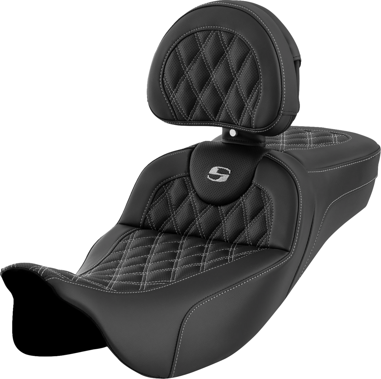 SADDLEMEN Roadsofa* Extended Reach Seat - Lattice Stitch - Silver Stitch - with Backrest - FL '08-'23 808-07B-184B5