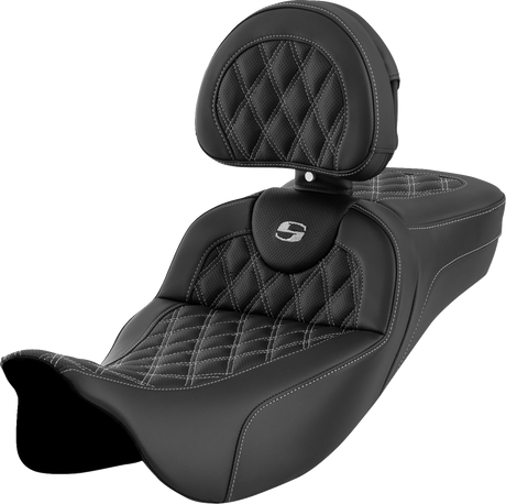 SADDLEMEN Roadsofa* Extended Reach Seat - Lattice Stitch - Silver Stitch - with Backrest - FL '08-'23 808-07B-184B5