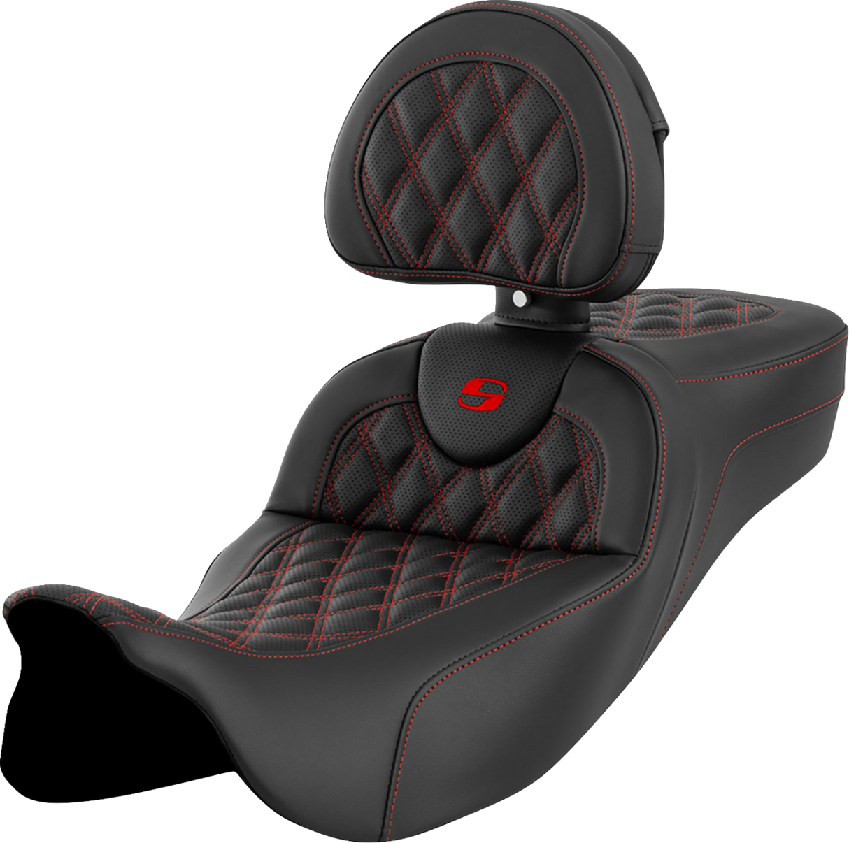 SADDLEMEN Roadsofa* Extended Reach Seat - Lattice Stitch - Red Stitch - with Backrest - FL '08-'23 808-07B-184B4