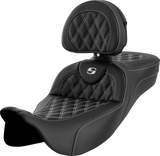 SADDLEMEN Roadsofa* Extended Reach Seat - Lattice Stitch - White Stitch - with Backrest - FL '08-'23 808-07B-184B6