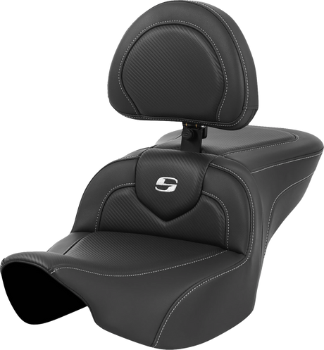 SADDLEMEN Roadsofa* Seat - Carbon Fiber - Silver Stitch/Silver Logo - with Backrest - FL '23-'24 823-07-185BR