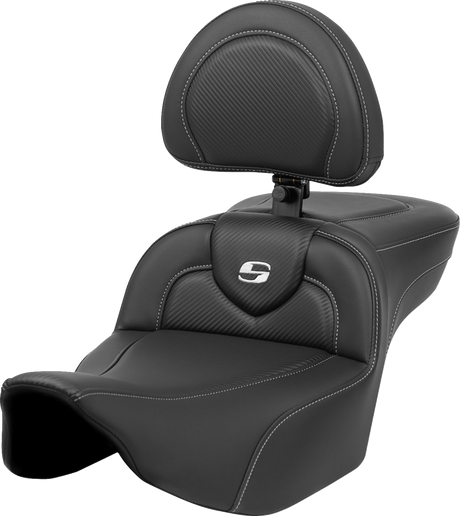 SADDLEMEN Roadsofa* Extended Reach Seat - Carbon Fiber - Silver Stitch/Silver Logo - w/ Backrest - FL '23-'24 823-07-186BR