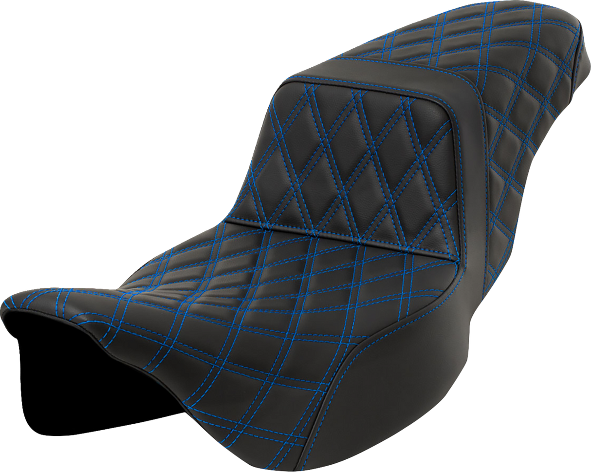 SADDLEMEN Step-Up Seat - Lattice Stitch - Blue Stitch - Extended Reach - FLH/FLT '08-'23 808-07E-17501