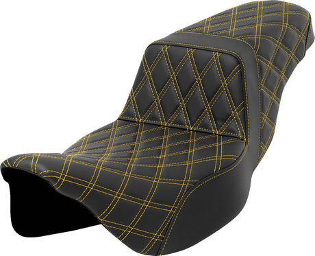 SADDLEMEN Step-Up Seat - Lattice Stitch - Gold Stitch - Extended Reach - FLH/FLT '08-'23 808-07E-17507