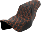 SADDLEMEN Step-Up Seat - Lattice Stitch - Orange Stitch - Extended Reach - FLH/FLT '08-'23 808-07E-17503