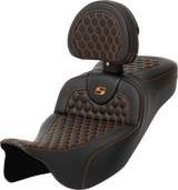 SADDLEMEN RoadSofa* Seat with Backrest - Honeycomb Pattern - Orange Stitch - Extended Reach - FLH/FLT '08-'23 - 808-07B-190B3