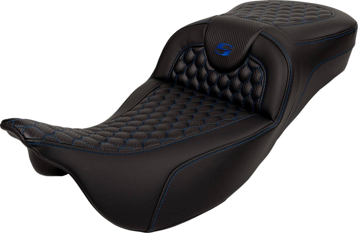 SADDLEMEN RoadSofa* Seat - Honeycomb - Blue Stitch - Extended Reach - FLH/FLT '08-'23 - Part 808-07B-19001