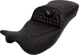 SADDLEMEN RoadSofa* Extended Reach Seat - Honeycomb with Gold Stitch - FLH/FLT '08-'23 808-07B-19007