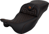 SADDLEMEN RoadSofa* Seat - Honeycomb - Orange Stitch - Extended Reach - FLH/FLT '08-'23 (Part Number: 808-07B-19003)