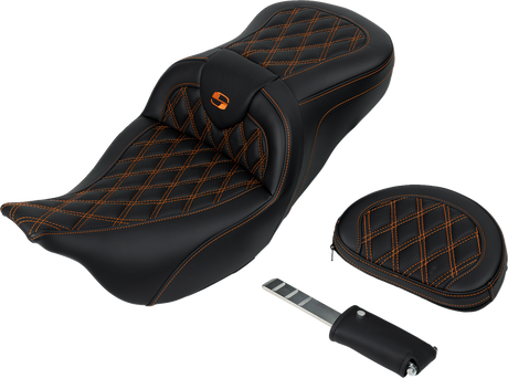 SADDLEMEN Roadsofa* Seat - with Backrest - Orange Stitch - FL '08-'23 808-07B-182B3