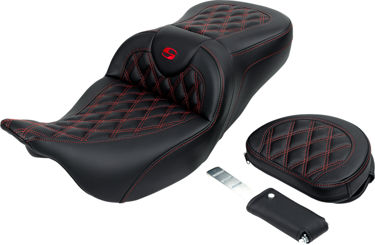 SADDLEMEN Roadsofa* Seat - with Backrest - Red Stitch - FL '08-'23 808-07B-182B4