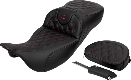 SADDLEMEN Roadsofa* Extended Reach Seat - Lattice Stitch - Wine Berry Stitch - with Backrest - FL '08-'23 808-07B-184B8