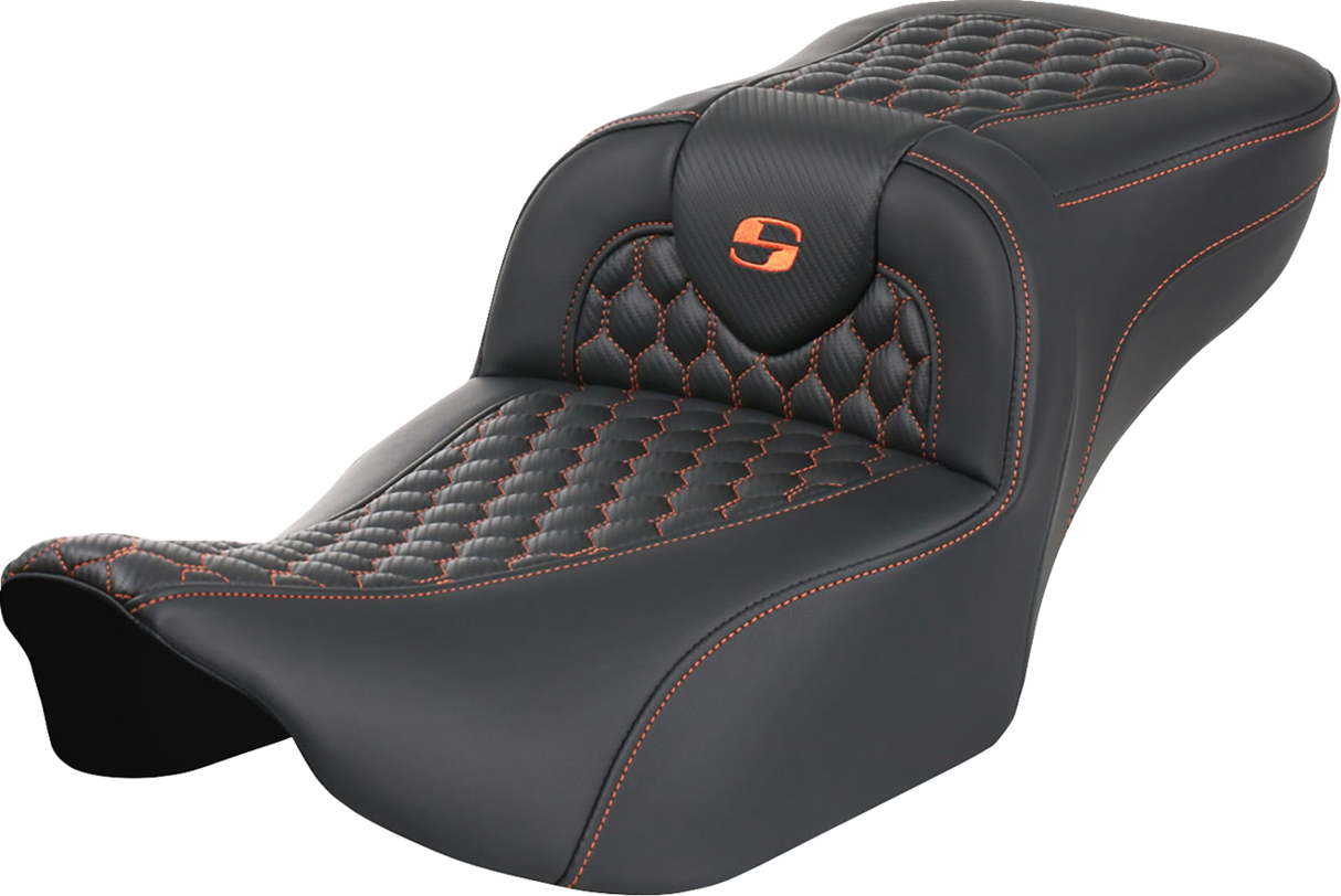 SADDLEMEN Roadsofa* Extended Reach Seat - without Backrest - Honeycomb - Orange Stitch - FLTR/FLHX '23-'24 823-07-19003