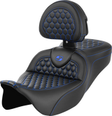 SADDLEMEN RoadSofa™ Seat - Honeycomb with Backrest - Blue Stitch - FLH/FLT '08-'23 - Part 808-07B-189B1