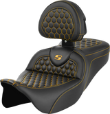 SADDLEMEN RoadSofa* Seat - Honeycomb with Gold Stitch - Backrest for FLH/FLT '08-'23 - Part 808-07B-189B7