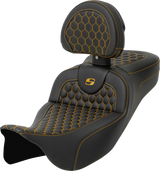 SADDLEMEN RoadSofa™ Seat - Honeycomb - Gold Stitch - Backrest - Extended Reach - FLH/FLT '08-'23 - 808-07B-190B7