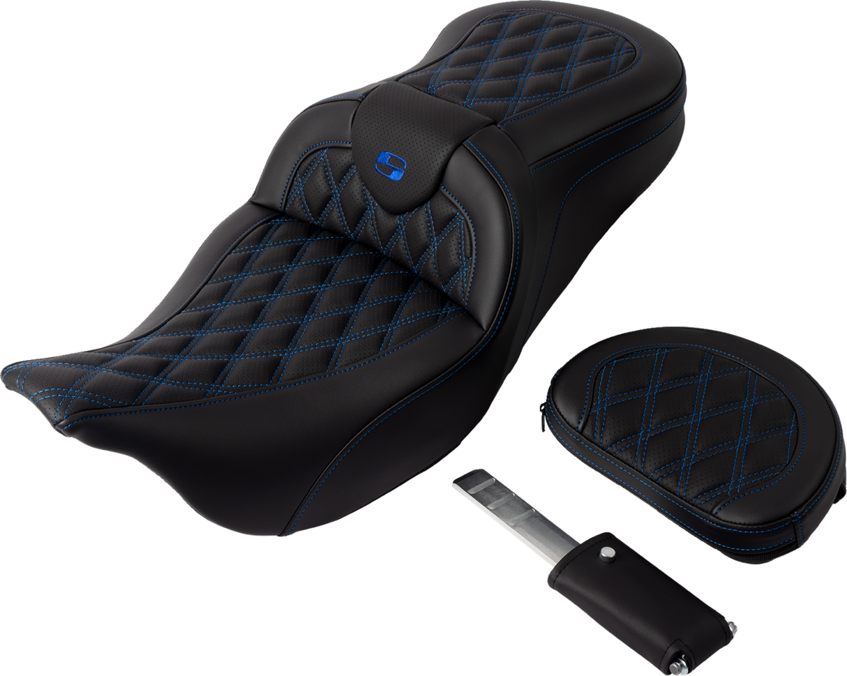 SADDLEMEN Roadsofa* Seat - with Backrest - Blue Stitch - FL '08-'23 808-07B-182B1