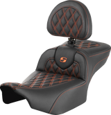 SADDLEMEN Roadsofa* Extended Reach Seat - with Backrest - Lattice Stitch - Orange Stitch - FLTR/FLHX '23-'24 823-07-184B3