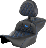 SADDLEMEN Roadsofa* Extended Reach Seat - with Backrest - Lattice Stitch - Blue Stitch - FLTR/FLHX '23-'24 823-07-184B1