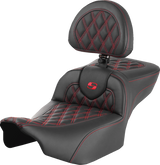 SADDLEMEN Roadsofa* Extended Reach Seat - with Backrest - Lattice Stitch - Red Stitch - FLTR/FLHX '23-'24 823-07-184B4