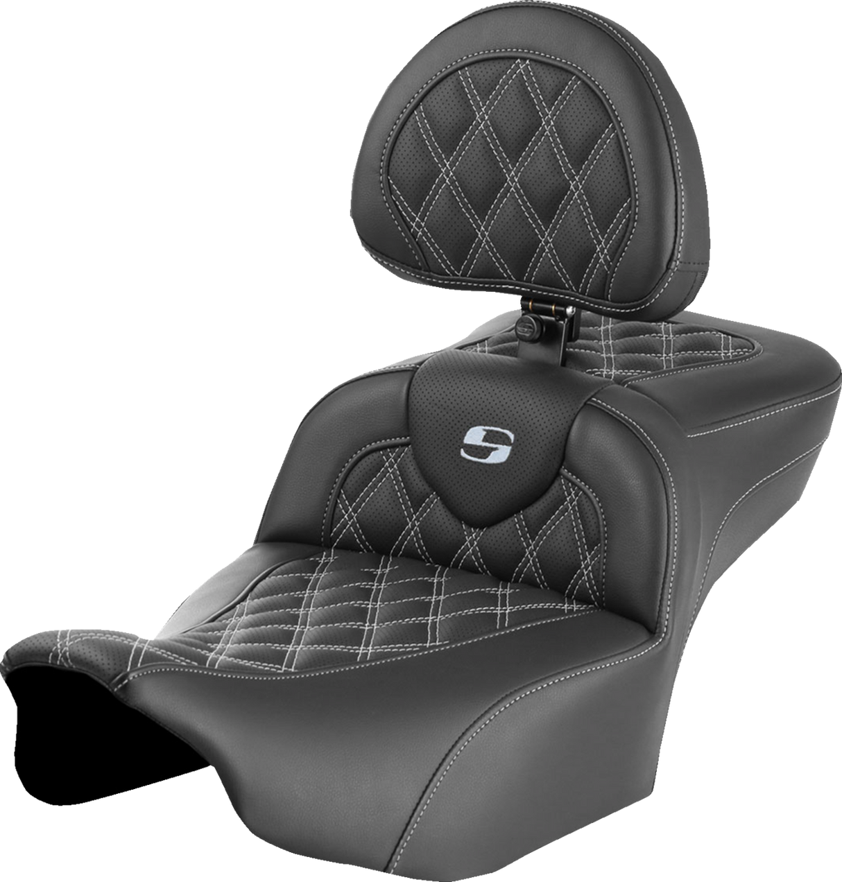 SADDLEMEN Roadsofa* Extended Reach Seat - with Backrest - Lattice Stitch - Silver Stitch - FLTR/FLHX '23-'24 823-07-184B5