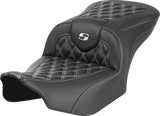 SADDLEMEN RoadSofa* Seat - without Backrest - Carbon Fiber - Lattice Stitch - White Stitch - FLTR/FLHX '23-'24 823-07-20606