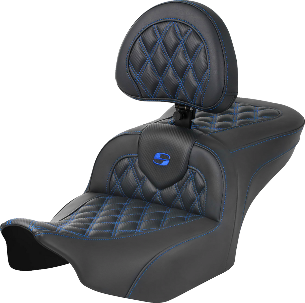 SADDLEMEN RoadSofa* Seat - with Backrest - Carbon Fiber - Lattice Stitch - Blue Stitch - FLTR/FLHX '23-'24 823-07-206B1