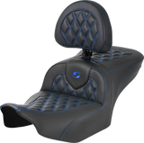 SADDLEMEN RoadSofa* Seat - with Backrest - Carbon Fiber - Lattice Stitch - Blue Stitch - FLTR/FLHX '23-'24 823-07-206B1