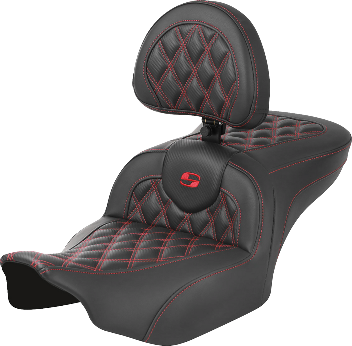 SADDLEMEN RoadSofa* Seat - with Backrest - Carbon Fiber - Lattice Stitch - Red Stitch - FLTR/FLHX '23-'24 823-07-206B4