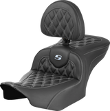 SADDLEMEN RoadSofa* Seat - with Backrest - Carbon Fiber - Lattice Stitch - Silver Stitch - FLTR/FLHX '23-'24 823-07-206B5